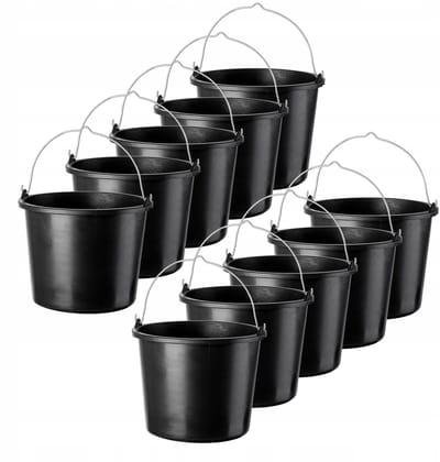 KADAX 10 stuks bouwemmer, 12 l, mortelemmer van kunststof, wateremmer voor tuin, bouwplaats, zwarte emmer, stabiele cementemmer, mortelbak, poetsemmer, metselbak (10)