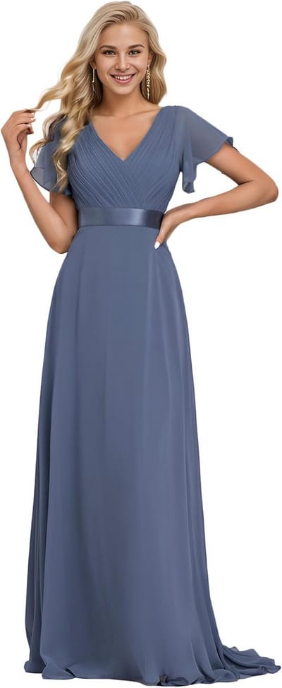 Lange chiffon avondjurk met V-hals en smalle taille