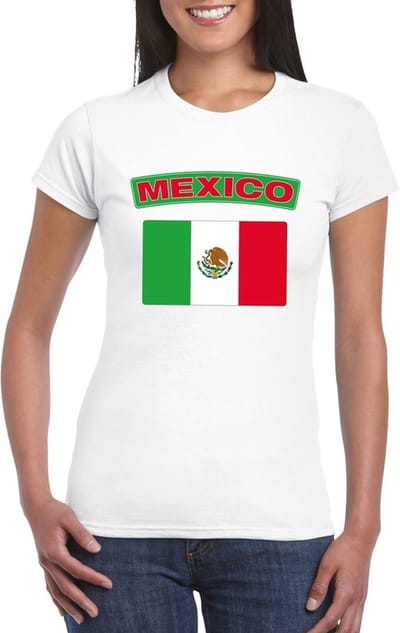 Vlag Mexico t-shirt - wit - met vlag van het land print - voor dames - korte mouwen - supporters S