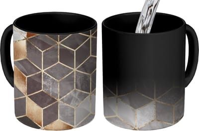 Magische Mok - Foto op Warmte Mokken - Koffiemok - Abstract - Kubus - Goud - Patronen - Zwart - Wit - Magic Mok - Beker - 350 ML - Theemok