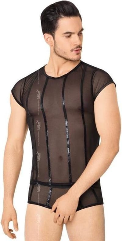 Wetlook heren -shirt en slip met netstof details- zwart M/L