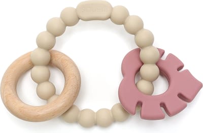 Snufie Blad Rammelaar Bijtring – Hout & Siliconen – Baby Speelgoed – Kraamcadeau – Babyshower Cadeau – BPA-vrij – Vanaf 3 maanden – Zand & Rose