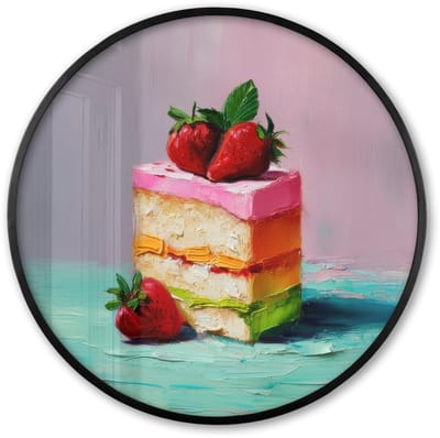Poster in lijst Rond - Fotolijst 60x60 cm - Posters - Taartje - Aardbeien - Glazuur - Kleurrijk - Ronde posterlijst zwart - Decoratie - Wanddecoratie woonkamer - Muurdecoratie slaapkamer