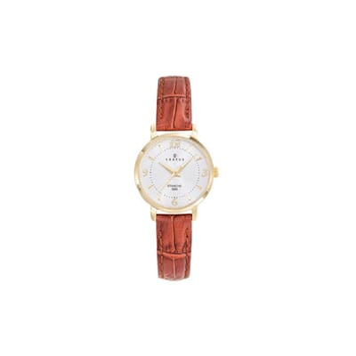 Certus-dameshorloge-model-646611-goudkleurig-hoog draagcomfort-cognac kleurig leder-5 atm waterdicht-diameter 27mm-made in France