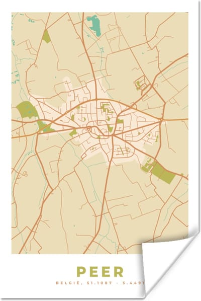 Poster België - Kaart - Plattegrond - Stadskaart - Peer - 120x180 cm XXL