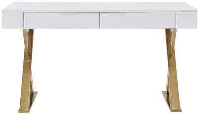 Vente-unique Bureau met 2 lades - Gelakt MDF en metaal - Wit en goudkleurig - PLEISA II