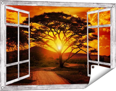 Gards Tuinposter Doorkijk Zonsondergang Achter een Savanne Boom - 90x60 cm - Tuindoek - Tuindecoratie - Wanddecoratie buiten - Tuinschilderij