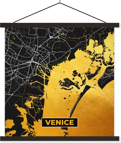 Posterhanger incl. Poster 60x60 cm - Schoolplaat - Kaart - Venetië - Goud - Plattegrond - Stadskaart - Textielposter - Zwarte latten - Stadskaart