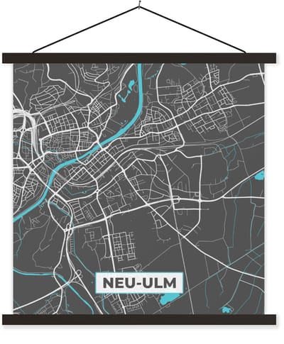 Posterhanger incl. Poster 40x40 cm - Schoolplaat - Stadskaart – Plattegrond – Duitsland – Blauw – Neu Ulm – Kaart - Textielposter - Zwarte latten - Stadskaart