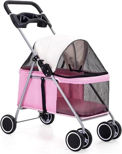 Honden- en kattenwagen met 4 wielen, opvouwbare honden- en kattenkooi, jogger-wandelwagen met opbergmand en bekerhouder, ademend en zichtbaar gaas for middelgrote kleine honden, katten(Pink)
