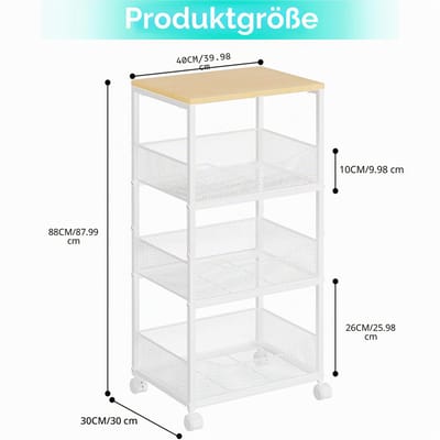 Mand keukenwagen - 4-laags groenteopbergrek met wielen, keukenopbergwagen met houten blad, groente-fruitorganizer voor fruit, aardappel, ui, groentenbrood, snack, opslag van gereedschap