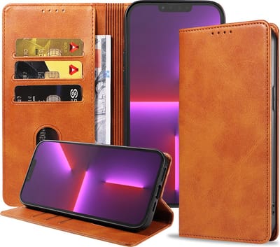 Smartphonica iPhone 13 Pro Max kunstleren hoesje met magnetische sluiting en pashouders book case - Bruin geschikt voor iPhone 13 Pro Max