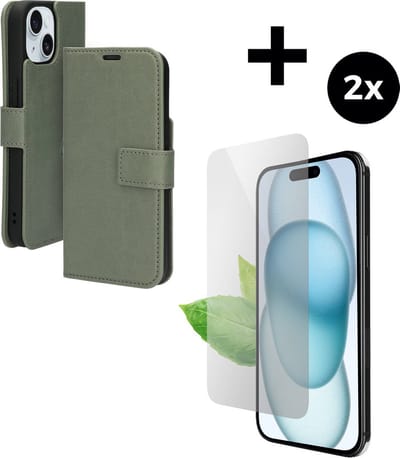 Mobiparts Classic Wallet hoesje geschikt voor Apple iPhone 15 met 2 Screenprotectors van Gerecycled Gehard Glas - Groen