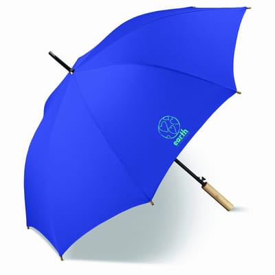 Happy Rain Earth Long Paraplu Blauw met Bamboe Handvat - Duurzaam