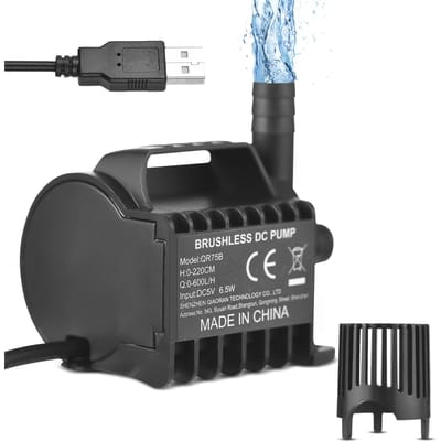 Dompelpomp voor water, elektrisch, 600L/H, kleine fonteinpomp met max. 7,2ft opvoerhoogte, 6,5ft USB-kabel en QR75B