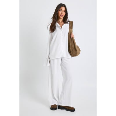 boohoo Dames Gerimpelde stropdasmanchet oversized overhemd & recht gesneden broek | White | Maat: 6