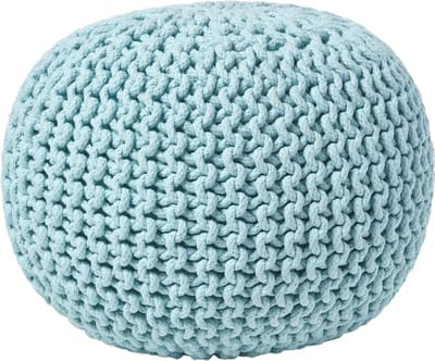 Homescapes Rond gebreide poef 100% katoen - Lichtblauw - 35x40 cm