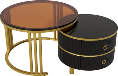 2-in-1 Ronde MDF Salontafel Bijzettafel Met 1 Hoogglans Tafelblad En 1 Bruin Tafelblad Van Gehard Glas Woonkamer Salontafelcombinatie Met 2 Laden 70x70x46 + 50x50x40cm