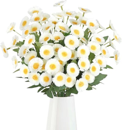 Weldomcor Madeliefjes van kunstzijde, decoratieve uv-bestendige kunstbloemen voor buiten, binnen, lente, zomer, decoratie voor vaas, graven, tuin, feest, bruiloftsdecoratie, wit