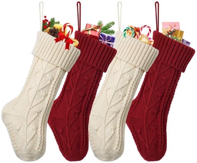 Dailygoods- Kerstkousen 4 Stuks - Gebreide Kousen 38 cm - Rood/Bordeaux & Crème - Hoogwaardig Wolbreigaren - Ophangsokken voor Kids - Kerstsokken