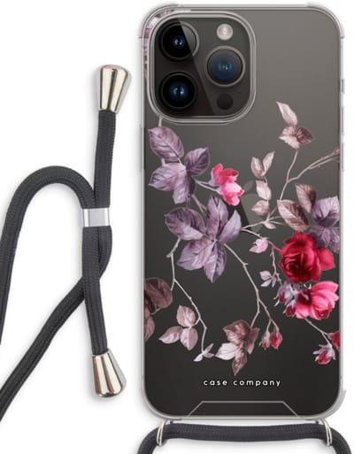 Case Company® - Hoesje met koord geschikt voor iPhone 14 Pro Max hoesje met Koord - Mooie bloemen - Telefoonhoesje met Zwart Koord - Bescherming aan alle Kanten en Over de Schermrand