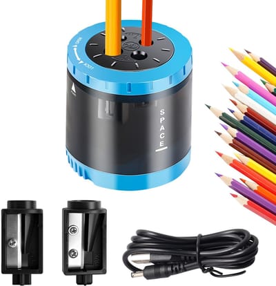 Dailygoods - Elektrische puntenslijper voor kinderen, elektrische puntenslijper, 4 maten, 6-12 mm, automatische puntenslijper met 4 gaten, dikke en dunne pennen, dubbele stroomvoorziening voor kinderen op kantoor