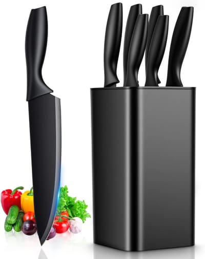 HEZIVO® Messenset met Blok - Messenblok - Scherpe Koksmessen - Keuken Messen - 6-delig - RVS - Zwart