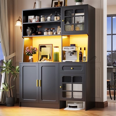 Sweiko Keukenkast - Dressoir - LED-verlichting - Glazen deuren - Met lades - 130 x 45 x 180 cm - Zwart