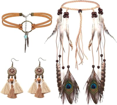Indiase Hoofdsieraden Set met Veren Haarband, Dromenvanger Oorbellen en Leren Choker voor Hippie Kostuum en Vintage Carnaval Accessoires