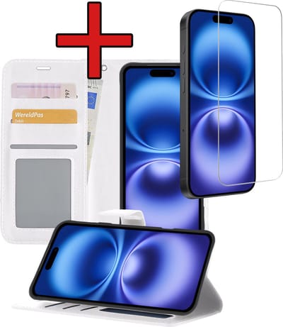 Hoesje - Met Screenprotector - Geschikt voor Apple iPhone 16 - Luxe Pasjeshouder - Flipcase - Bookcase Portemonee - Flip Case - Kunstleer Book Case - Book Cover - Walletcase - Portemonneehoes - Telefoonhoes - Wit