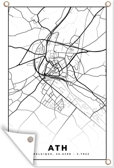 Muurdecoratie België – Ath – Stadskaart – Kaart – Zwart Wit – Plattegrond - 120x180 cm - Tuinposter - Tuindoek