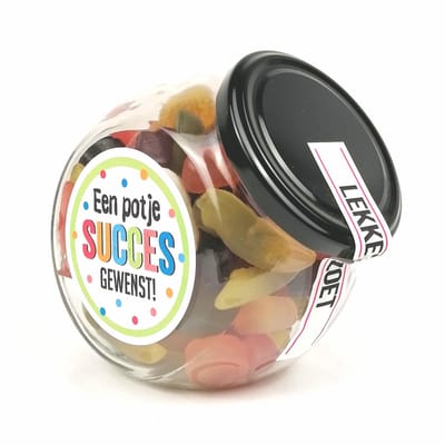 Succes cadeautje, Een potje succes gewenst!, gevuld met winegum mix - Snoeppot Succes - Succes: Examen - Nieuwe baan - Rijbewijs - Operatie - Nieuwe uitdaging - Nieuwe woning - Succes en Geluk