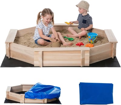 ECTEATOY® Houten Zandbak Achthoekig - 140x140 cm - Met Afdekzeil, Gronddoek & 4 Zitbankjes - Buitenspeelgoed voor Tuin