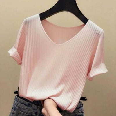 T-shirt à manches courtes pour femme, version coréenne d'été, slim, manches mi-longues, col en V, chemisier tricoté S