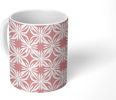 Mok - Koffiemok - Roze - Bloemenmotief - Wit - Modern - Mokken - 350 ML - Beker - Koffiemokken - Theemok