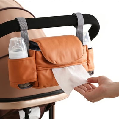Universele opbergtas voor kinderwagen - met voorvak voor tissues - ingebouwde bekerhouder - bruin - kan aan de kinderwagen worden gehangen - past op de meeste kinderwagens