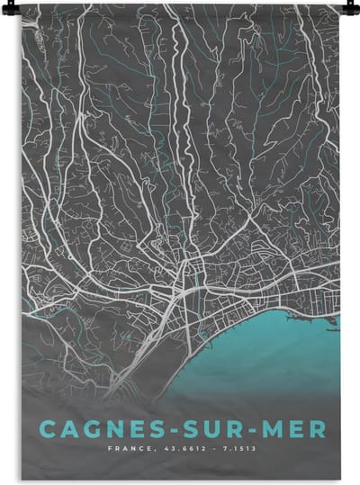 Wandkleed - Wanddoek - Plattegrond - Kaart - Cagnes-sur-Mer - Stadskaart - Frankrijk - 120x180 cm - Wandtapijt