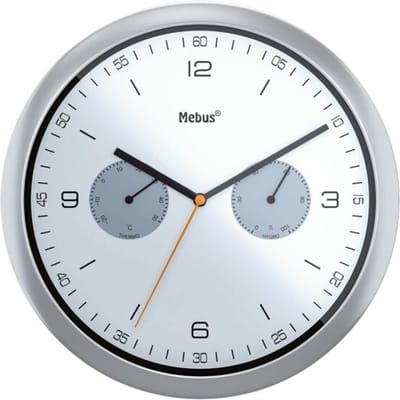 Mebus quartz wandklok met thermometer en hygrometer / Kunststof / Rond / Model: 16102 / Kleur: Zilver, 26 cm diameter