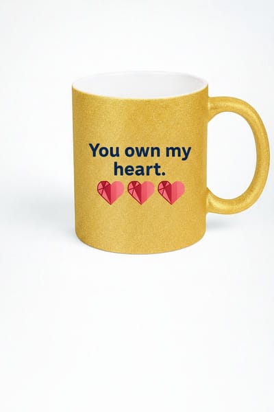 Gouden Glitter Mok 'You Own My Heart' met Pixel Harten - Romantisch Liefdescadeau