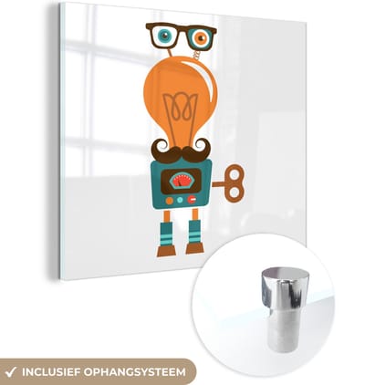 MuchoWow® Glasschilderij 90x90 cm - Schilderij acrylglas - Robot - Bril - Gloeilamp - Snor - Kinderen - Jongens - Foto op glas - Schilderijen