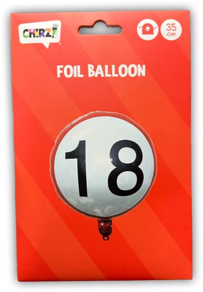 Folie ballon gekleurd | 18 jaar | 35 cm | wit | rode rand | zwarte cijfer 18 | helium geschikt