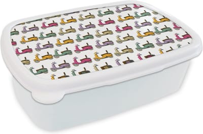 Broodtrommel Wit - Lunchbox - Brooddoos - Patroon - Tiener - Scooter - Reizen - 18x12x6 cm - Volwassenen
