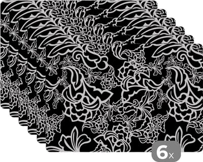 Placemat - Placemats kunststof - Patronen - Bloem - Zwart Wit - 45x30 cm - 6 stuks - Hittebestendig - Anti-Slip - Onderlegger - Afneembaar