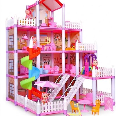DMG Supply Poppenhuis - 61 cm Hoog - Glijbaan - Meerdere Verdiepingen - 4 Poppen - 21 Meubels