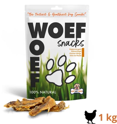 Woef Woef Snacks Hondensnacks Kippenvleugels 1.00 KG - Verwensnacks Hondensnoepjes - Gedroogd vlees - Kip - Vanaf 3 maanden - Geen toevoegingen