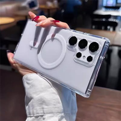 Luxe MagSafe Magnetische Draadloze Oplaadhoes Voor Samsung Galaxy S25 S24 S23 S21 FE S22 Plus Ultra Schokbestendige Heldere Acryl Cover For Samsung S24 Plus gray
