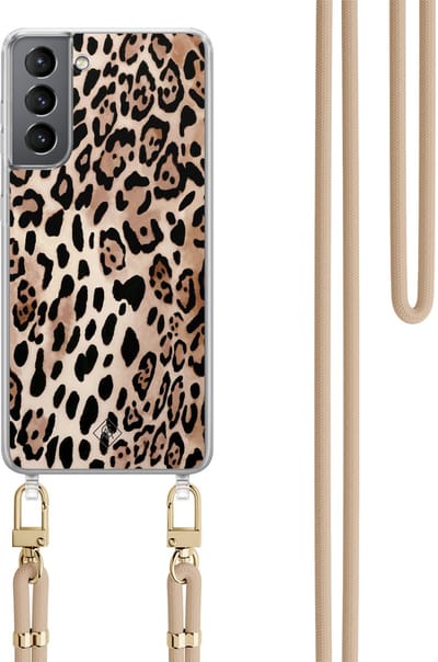 Casimoda® hoesje met beige koord - Geschikt voor Samsung S21 Plus - Luipaard print bruin - Afneembaar koord - TPU/polycarbonaat - Bruin/beige