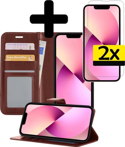Hoesje - Met 2x Screenprotector - Geschikt voor Apple iPhone 14 Pro - Luxe Pasjeshouder - Bookcase Portemonee - Flip Case - Kunstleer Book Case - Flipcase Hoes - Book Cover - Walletcase - Portemonneehoes - Telefoonhoesjes - Bruin