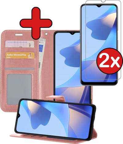 Hoesje - Met 2x Screenprotector - Geschikt voor OPPO A16s - Luxe Pasjeshouder - Flip Case - Bookcase Portemonee - Kunstleer Book Case - Flipcase Hoes - Book Cover - Walletcase - Portemonneehoes - Telefoonhoes - Rosé goud