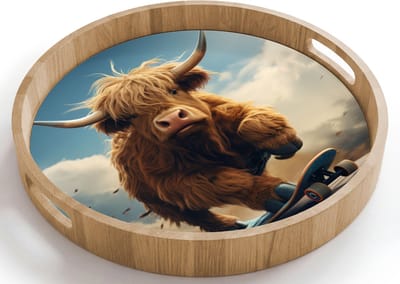 Dienblad rond 40x40 cm - Schootdienblad hout - Schotse hooglander - Hoorns - Skateboard - Borrelplank rechthoek - Plateau houten dienbladen